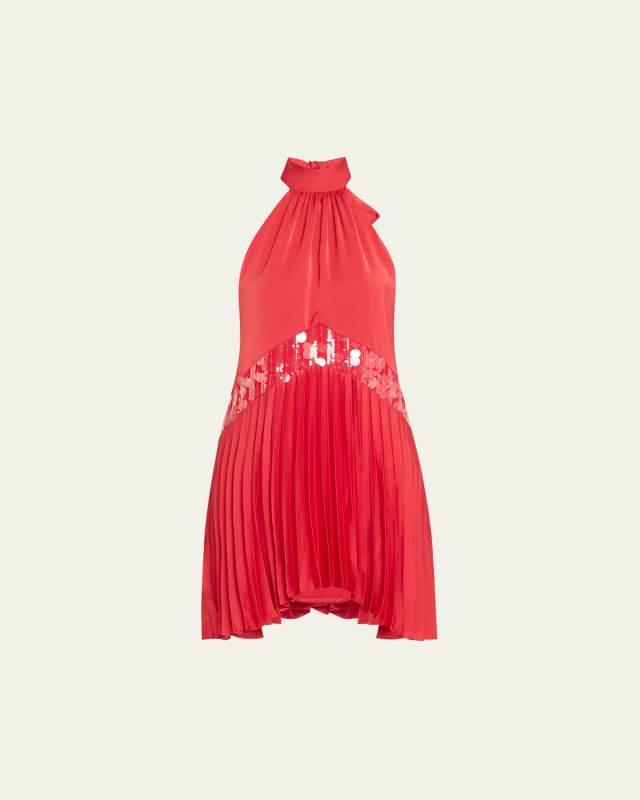 Marcia Sequined Pleated Halter Mini Dress